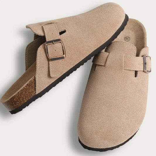 Stylish Cork Suede Mules Slippers for Women - Classic Antislip Outdoor Clogs with Arch Support