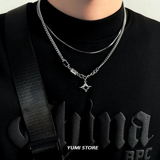 Trendy Hip Hop Zircon Star Double Layer Necklace - Unisex Titanium Steel Pendant for Fashion-Forward Individuals