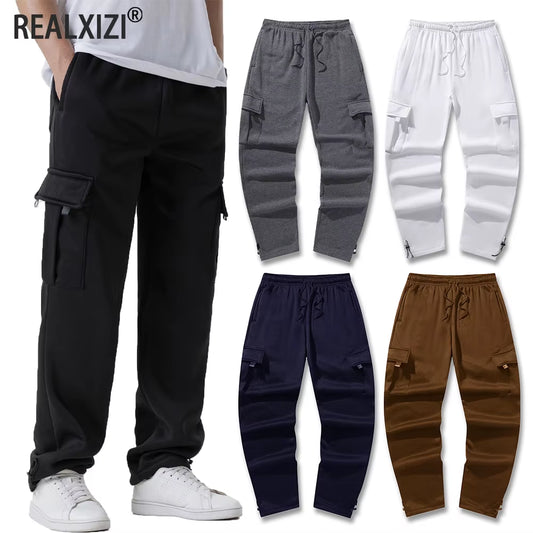 Men'S Multi-Pockets Sweatpants Autumn Winter Drawstring Straight Fit Pants Running Jogger Sports Gym Trousers Male Loose Pants