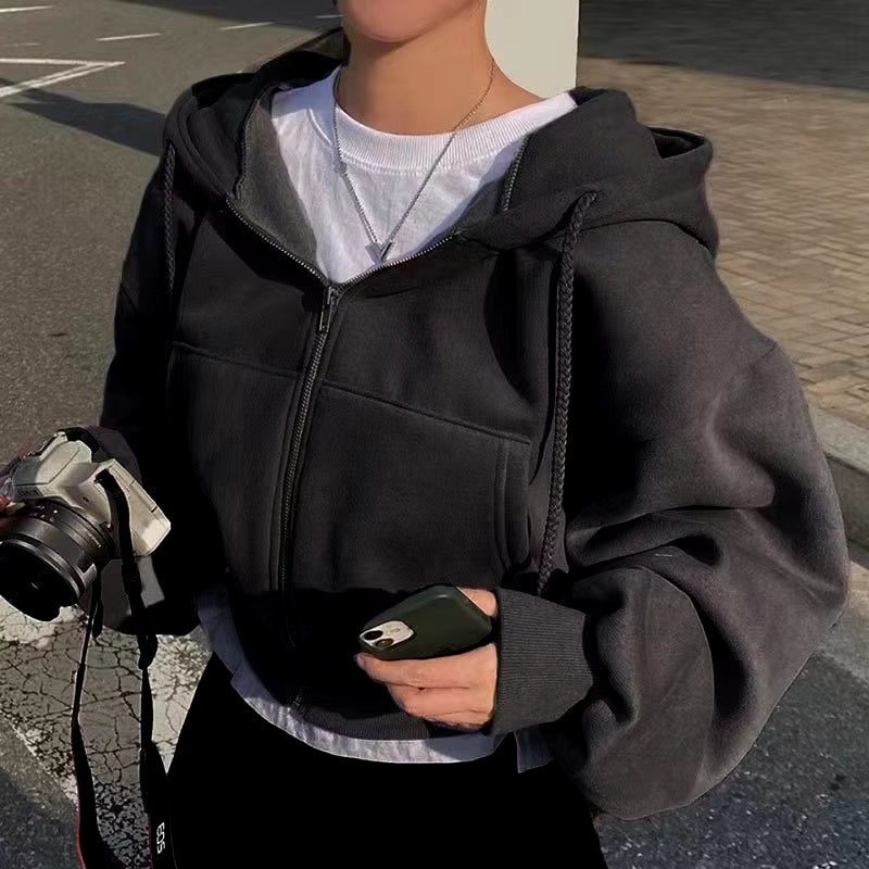 2024 Spring Autumn New Insfleece-Lined Versatile Cropped Slims Smooths Silhouette Zip-Up Warm Navy Blue Hooded Sweatshirt Women