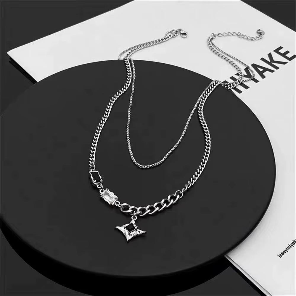 Trendy Hip Hop Zircon Star Double Layer Necklace - Unisex Titanium Steel Pendant for Fashion-Forward Individuals