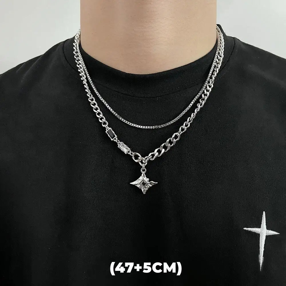 Trendy Hip Hop Zircon Star Double Layer Necklace - Unisex Titanium Steel Pendant for Fashion-Forward Individuals