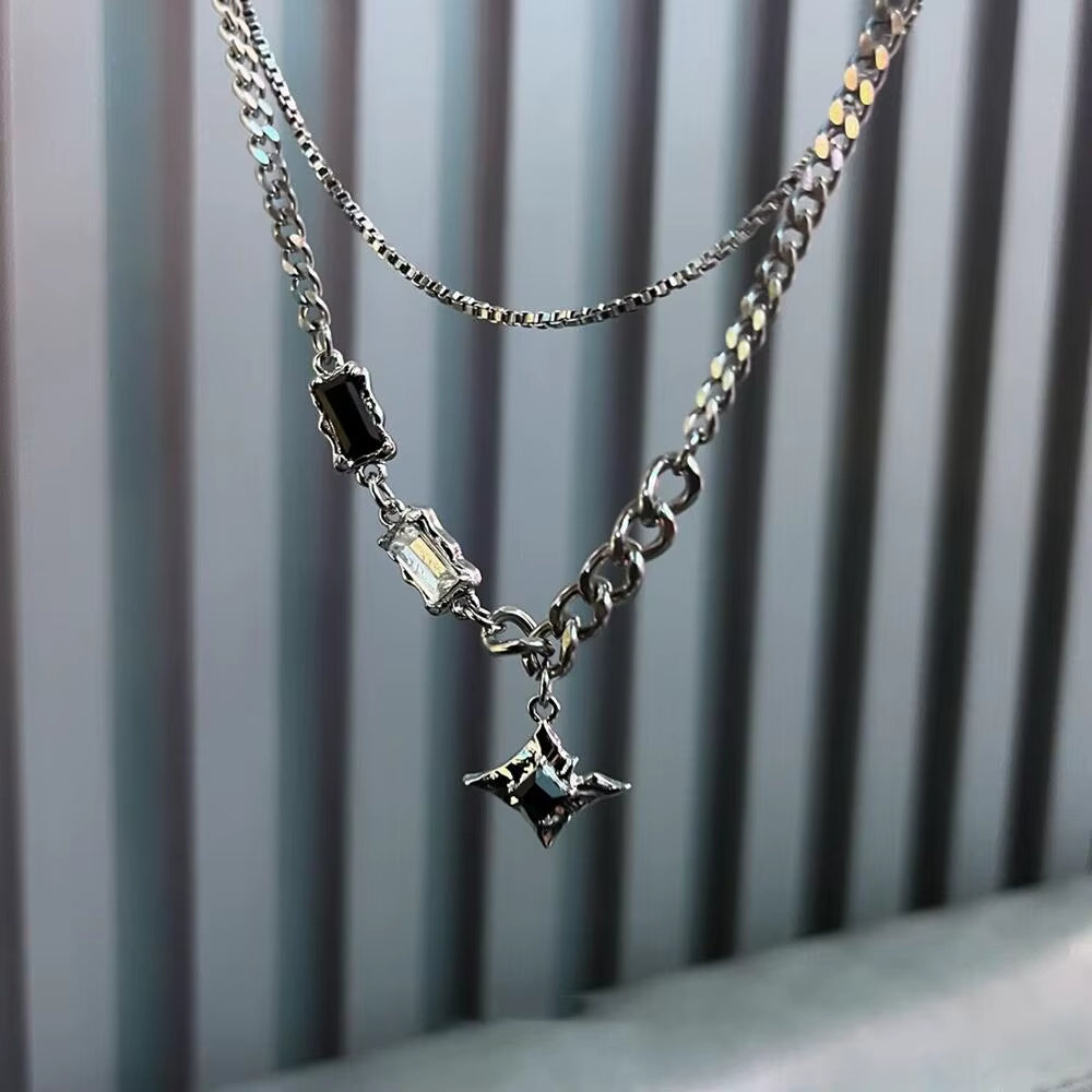 Trendy Hip Hop Zircon Star Double Layer Necklace - Unisex Titanium Steel Pendant for Fashion-Forward Individuals
