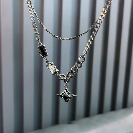 Trendy Hip Hop Zircon Star Double Layer Necklace - Unisex Titanium Steel Pendant for Fashion-Forward Individuals