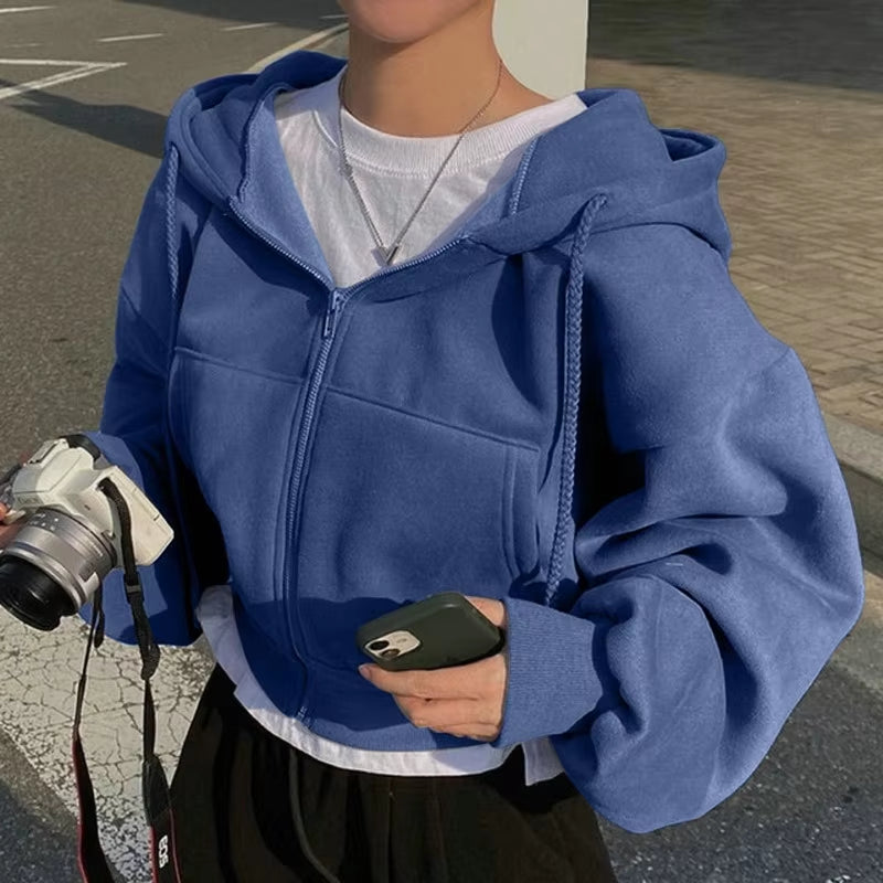 2024 Spring Autumn New Insfleece-Lined Versatile Cropped Slims Smooths Silhouette Zip-Up Warm Navy Blue Hooded Sweatshirt Women