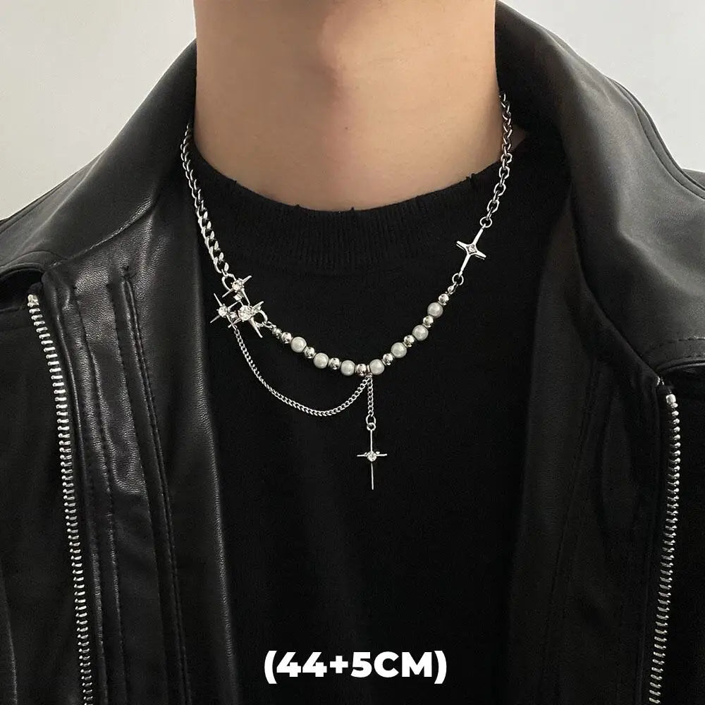 Trendy Hip Hop Zircon Star Double Layer Necklace - Unisex Titanium Steel Pendant for Fashion-Forward Individuals