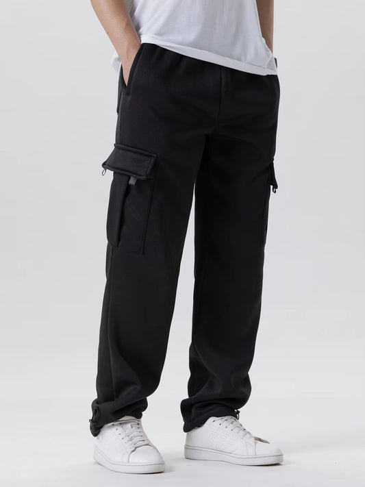 Men'S Multi-Pockets Sweatpants Autumn Winter Drawstring Straight Fit Pants Running Jogger Sports Gym Trousers Male Loose Pants